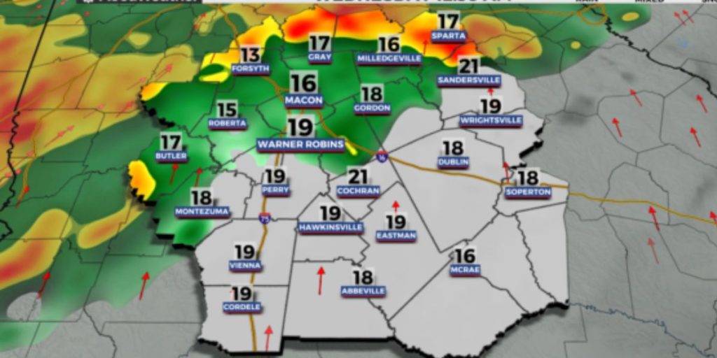 Rain and Wind Gusts Hit Middle Georgia Tonight, Cooler Weather Expected Midweek