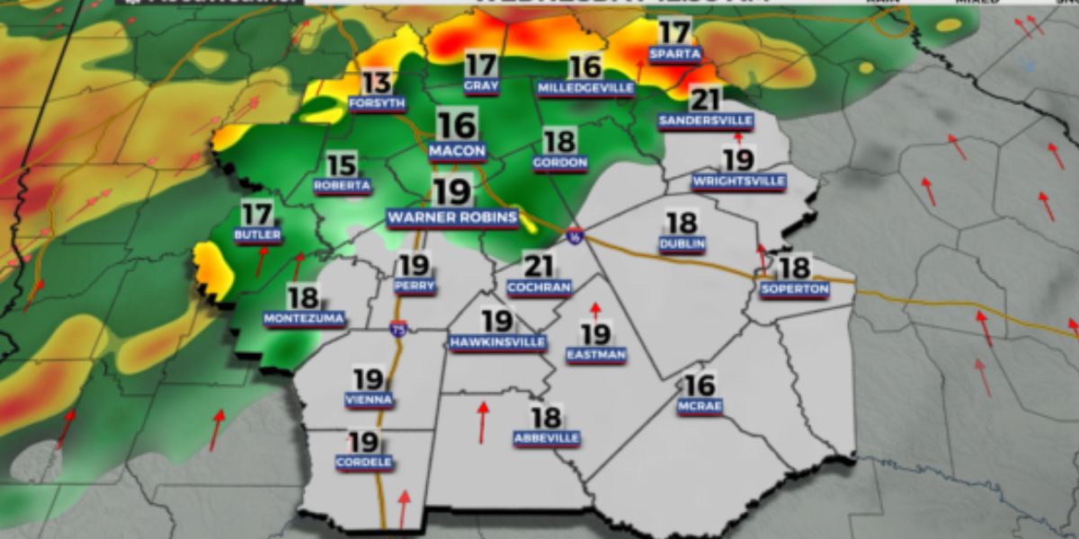 Rain and Wind Gusts Hit Middle Georgia Tonight, Cooler Weather Expected Midweek